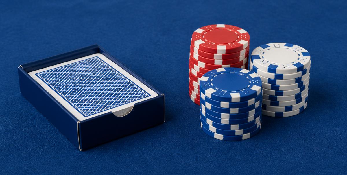 A boxed deck of cards beside stacks of casino chips