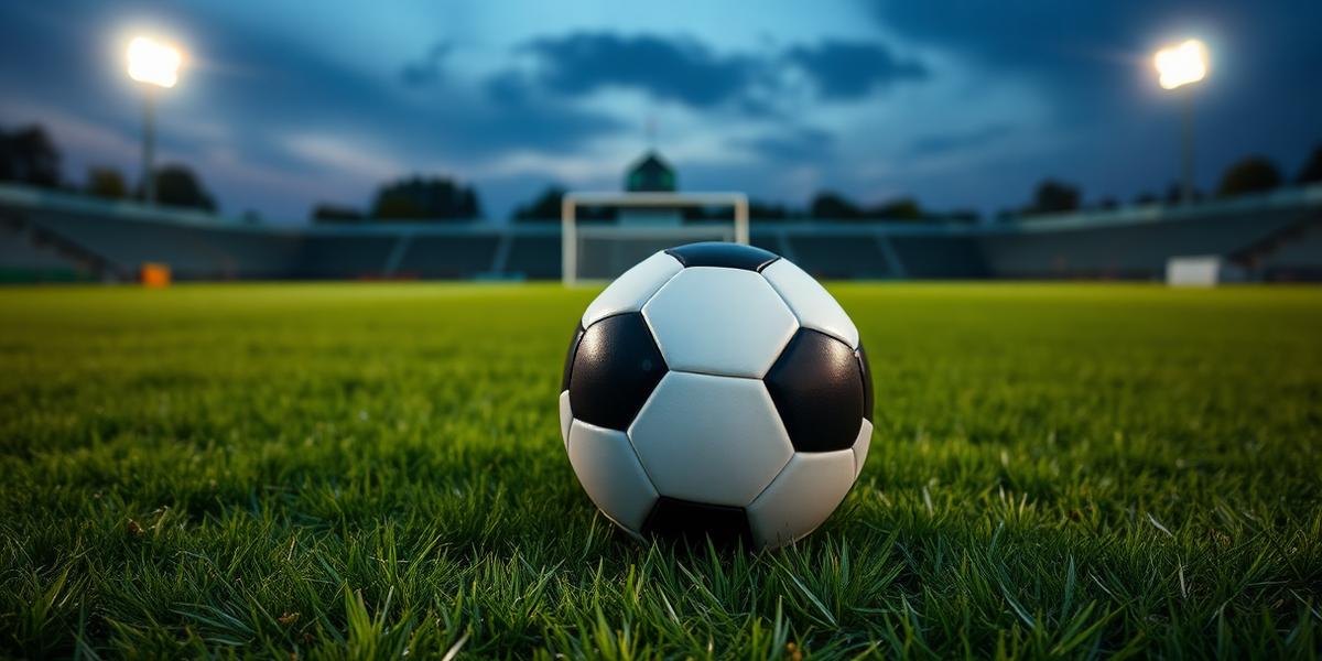 A football on an empty pitch under stadium lights