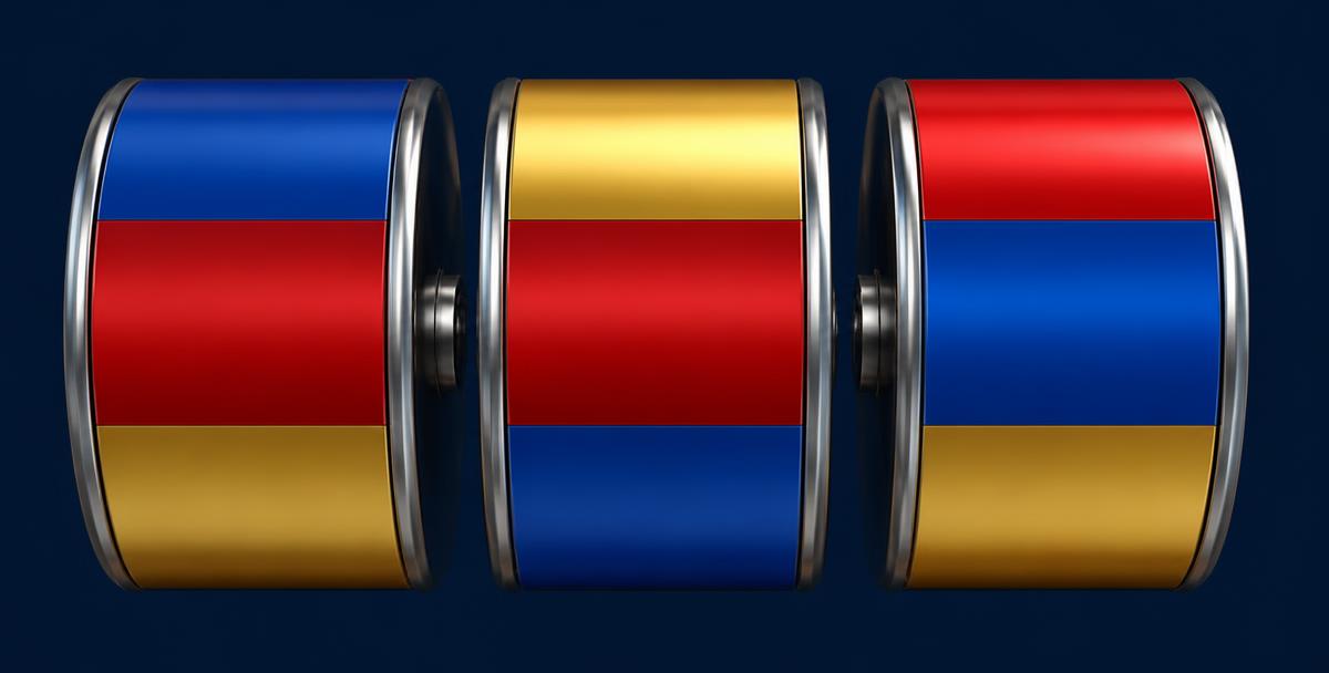 Three plain slot reels with blue, red and gold panels