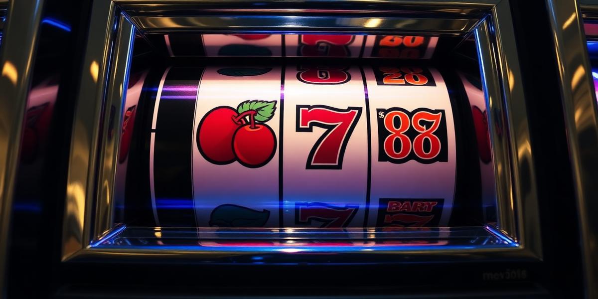 Close up of a slot machine reel showing cherries and a seven